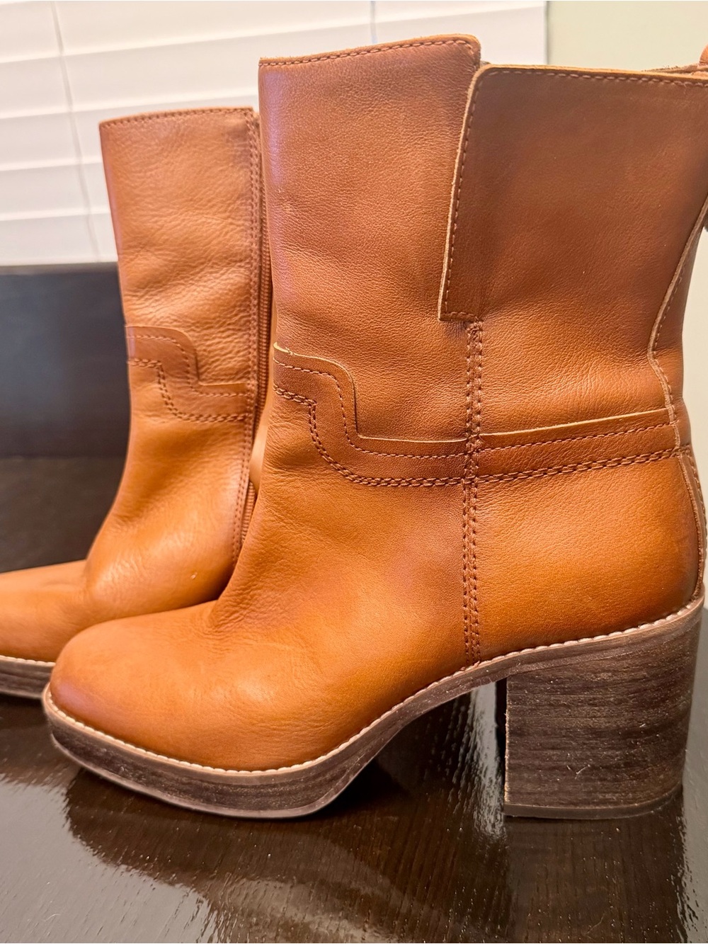 Franco Sarto Tan Leather Mid-Calf Block Heel Boots